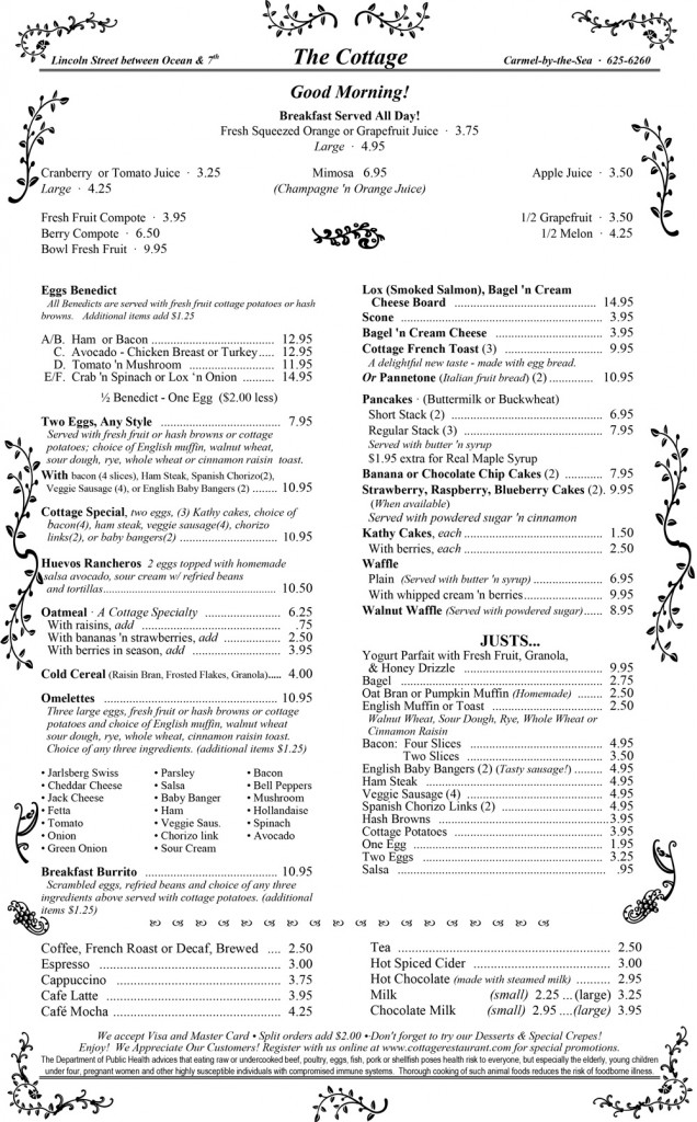 The Cottage Restaurant Breakfast & Lunch Menus