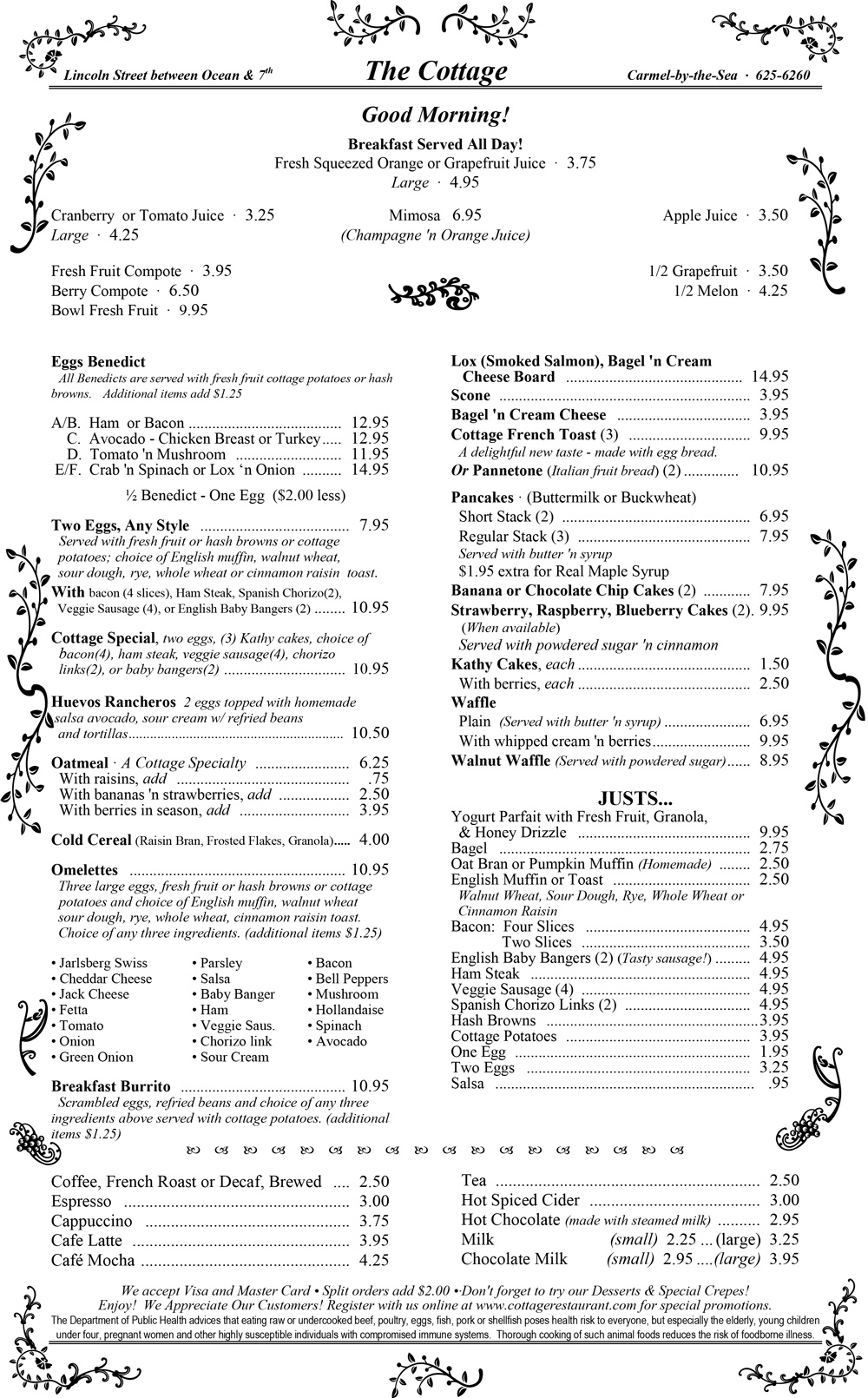 The Cottage Restaurant in Carmel - Breakfast Menu